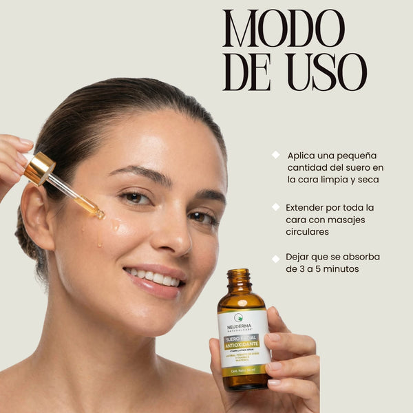 Suero Facial Antioxidante con Vitamina C + Ácido Hialurónico + Pantenol + Vitamina E
